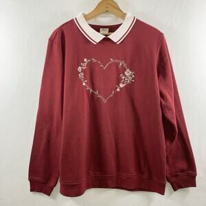 VTG Womens Collared Heart Sweatshirt Sz L Deep Red Oversized Grandmacore Cottage